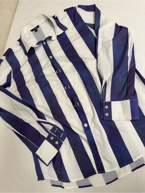 OuKu Men’s Blue White Striped Button Up Shirt Medium Oversized Streetwear Top